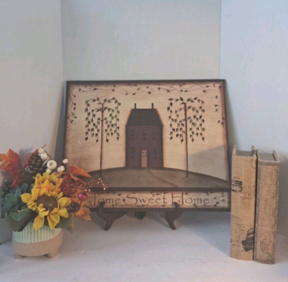 VTG Kim Klassen Primitive Folk Art Wood Plaque Sign Home Sweet Home; Willow Tree